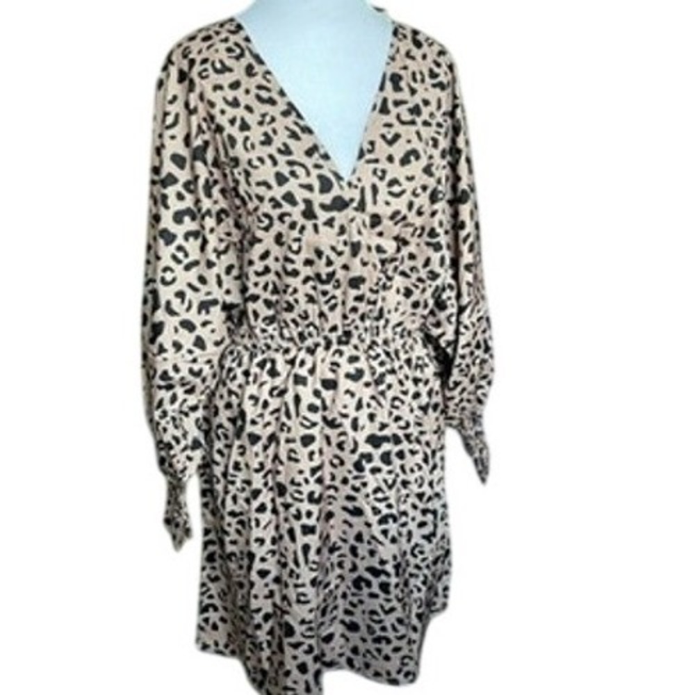 Boutique Leopard Print Dress Large Blush Tan Long Sleeve Smocked Waist Tie Back